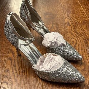 Silver Glitter Pointed Toe Pumps w Ankle Strap